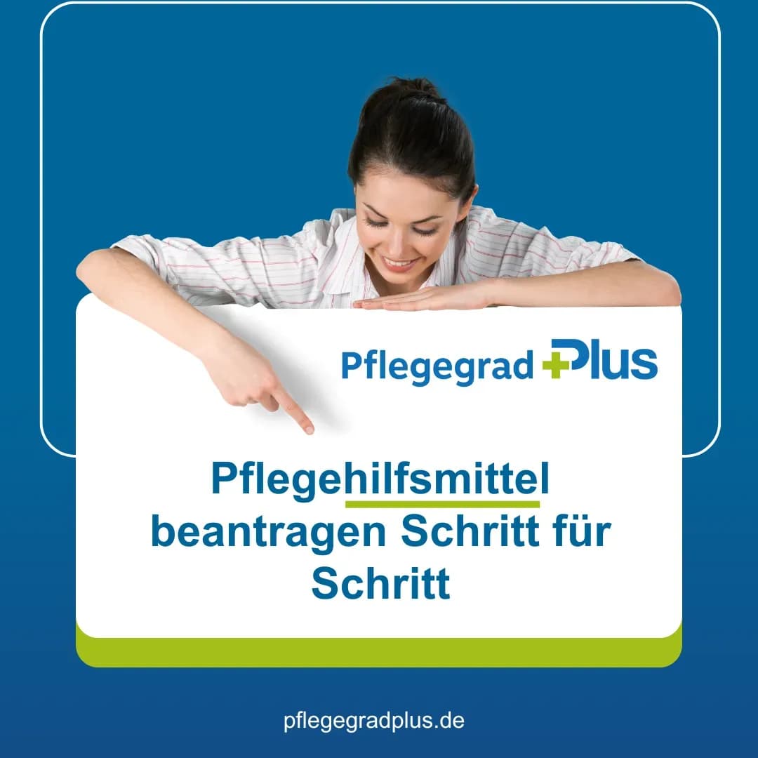 Grafische Darstellung in vier Schritten zur Beantragung von Pflegehilfsmitteln – einfach, kostenlos, ohne Rezept über Pflegegrad Plus GmbH